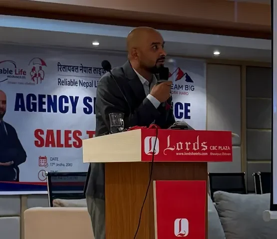Diwakar Rijal leading insurance sales training in Nepal for agents of Reliable Life Insurance